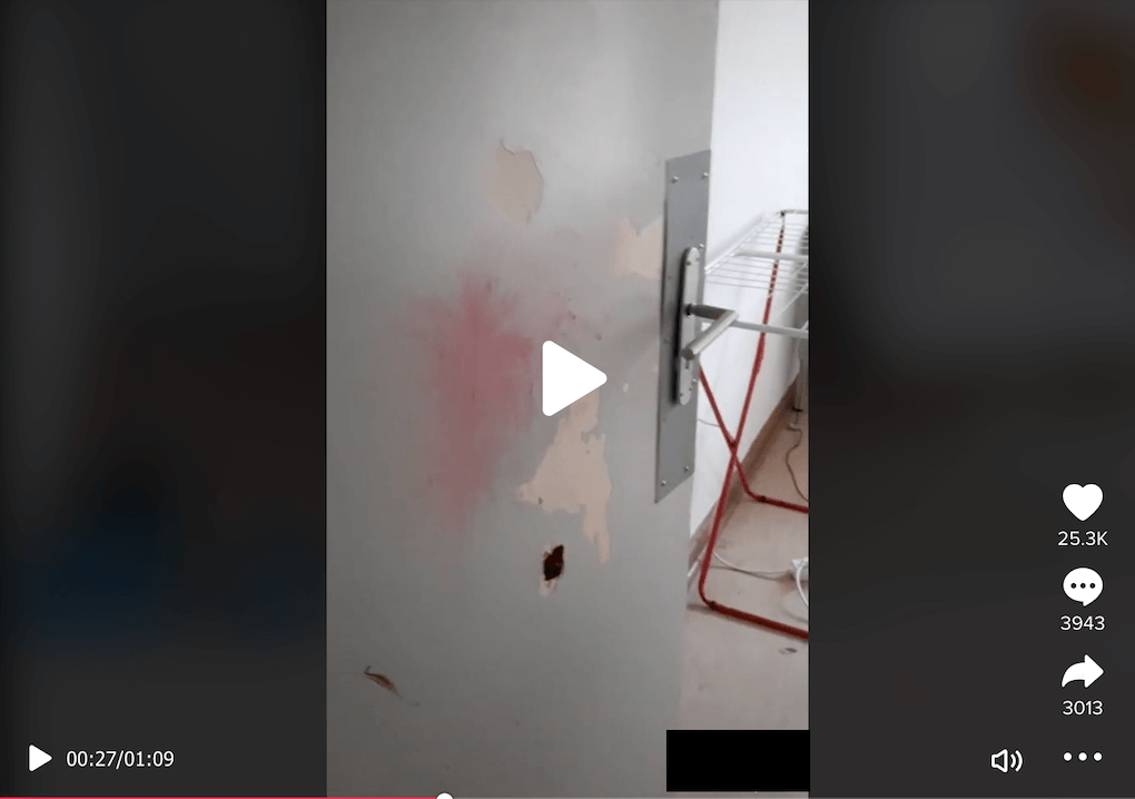 Ein Screenshot des Videos in der Anker-Einrichtung Bamberg: Zusehen ist eine teils rot beschmierte Tür mit einem Loch.
