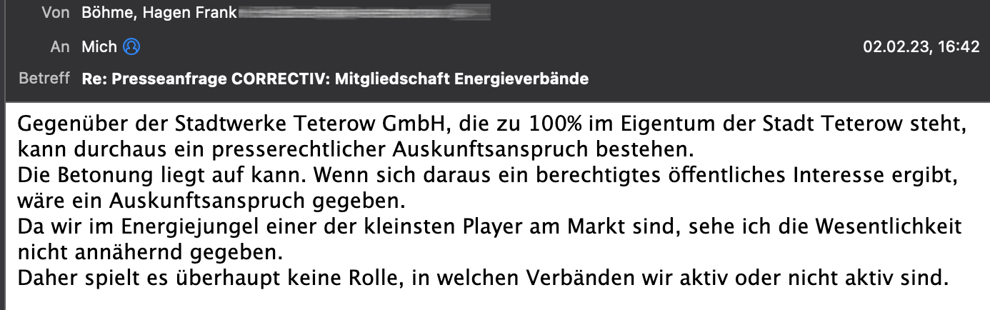 Email der Stadtwerke Teterow zu ihrer Mitgliedschaft bei Zukunft Gas
