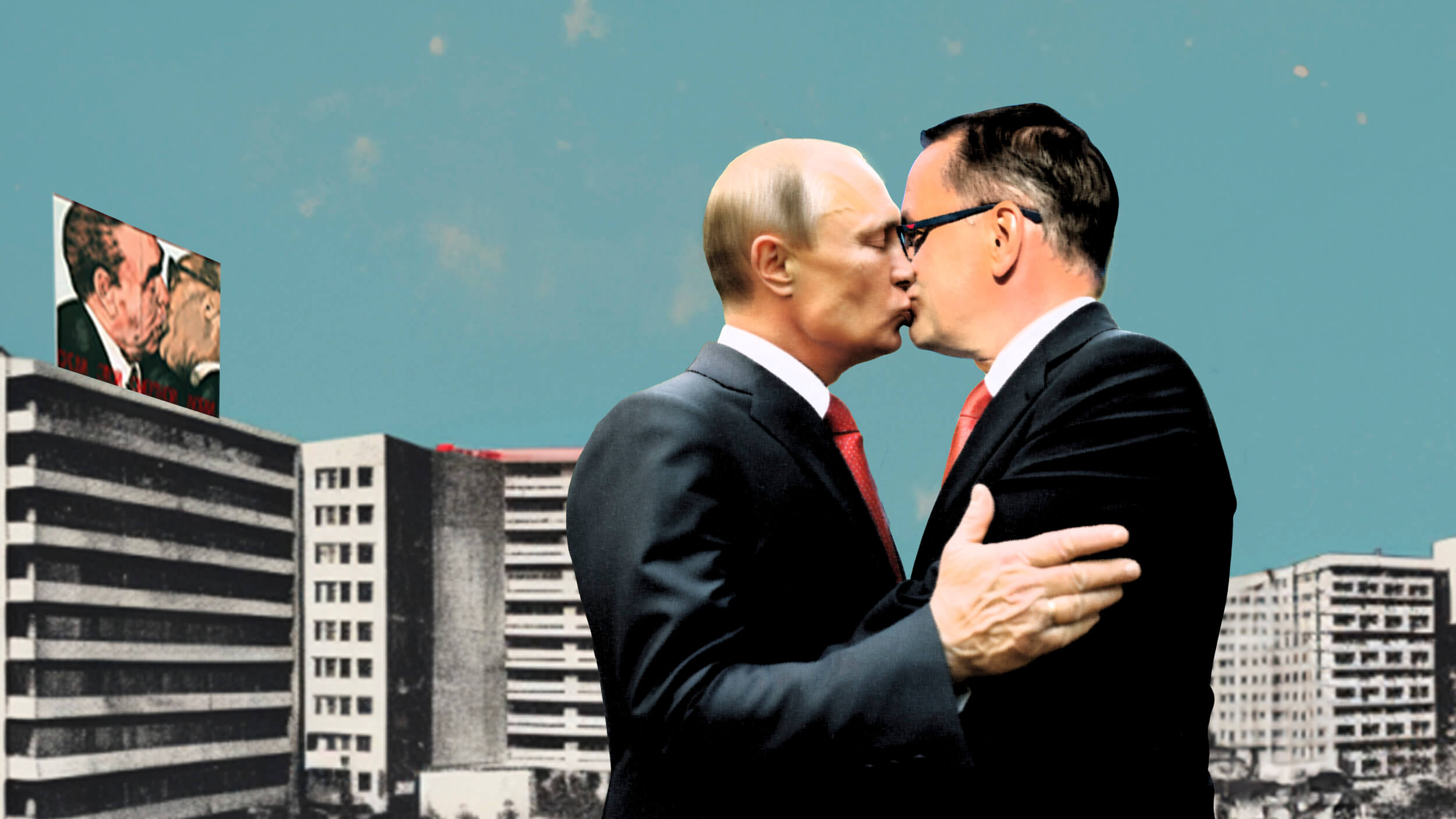 Die Collage zeigt einen Bruderkuss zwischen Putin und dem AfD-Bundessprecher Tino Chrupalla. Im Hintergrund ist das Gemälde des Bruderkusses zwischen Breschnew und Honecker zu sehen.