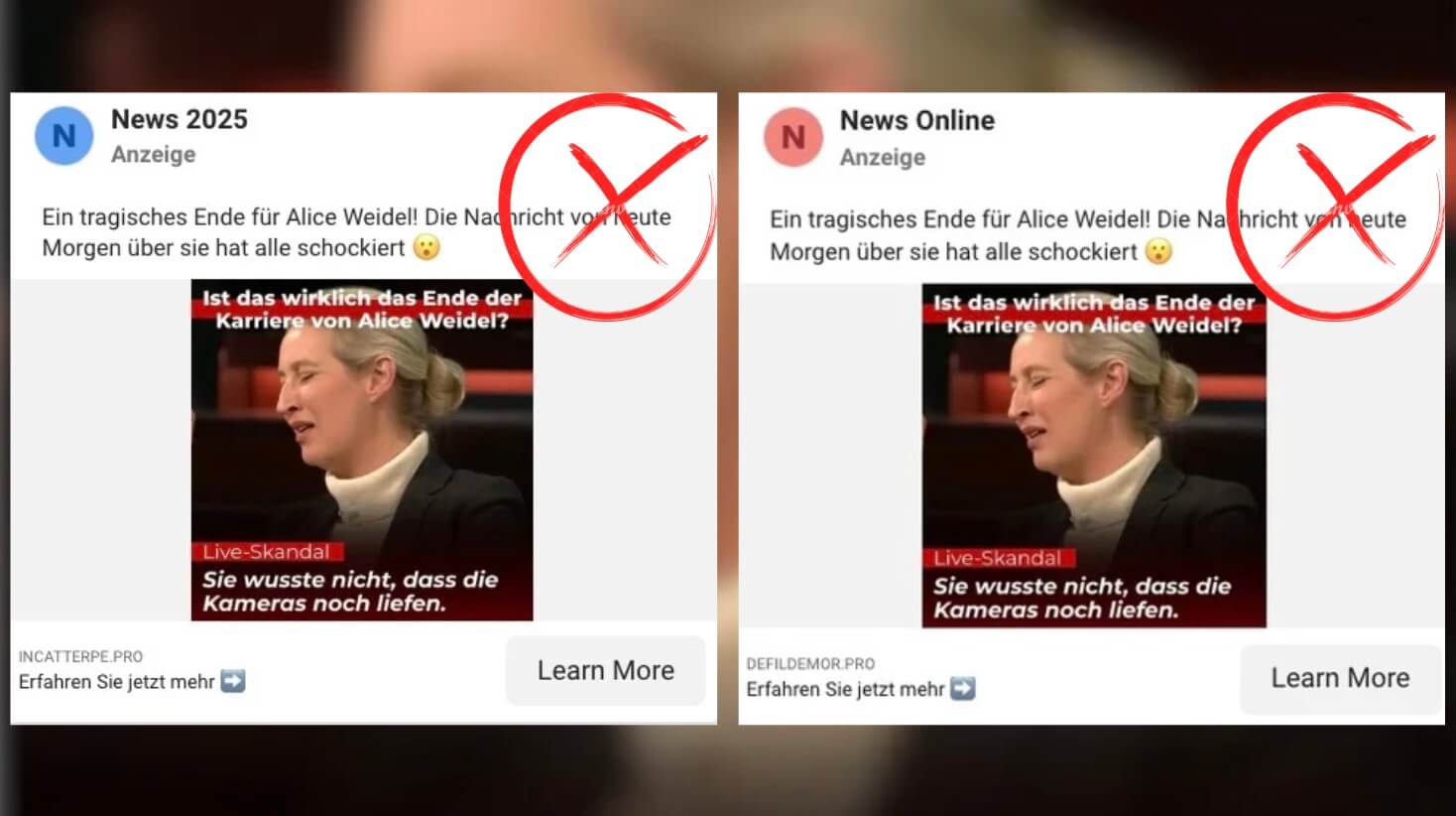 Zwei Beispiele für Werbeanzeigen auf Instagram, die behaupten, es gebe einen Skandal um Alice Weidel und ihre Karriere sei gefährdet