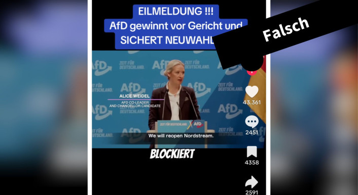 Anders als behauptet, gibt es diese Eilmeldung nicht. Ende April 2025 hat das Bundesverfassungsgericht keiner Wahlprüfungsbeschwerde der AfD stattgegeben. (Quelle: Tiktok; Screenshot, Collage und Schwärzung: CORRECTIV.Faktencheck)